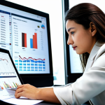 A diligent female business professional, fully clothed in a modest business suit, meticulously examining complex international trade documents at a large, modern desk in a well-lit, professional office setting. On the desk, there are charts and graphs related to global trade, and a computer screen displays data on HS codes. The background subtly features a blurred image of shipping containers at a bustling port, emphasizing the global scale of trade. The image conveys precision and attention to detail. safe for work, appropriate content, perfect anatomy, correct proportions, natural pose, well-formed hands, proper finger count, natural body proportions, professional photography, high quality, professional.